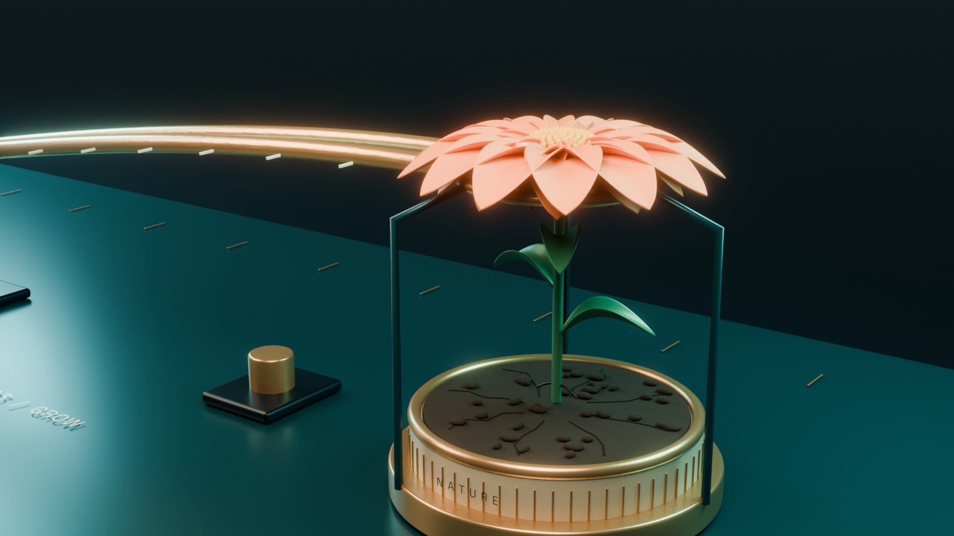 Peach petals opening over a machined planter