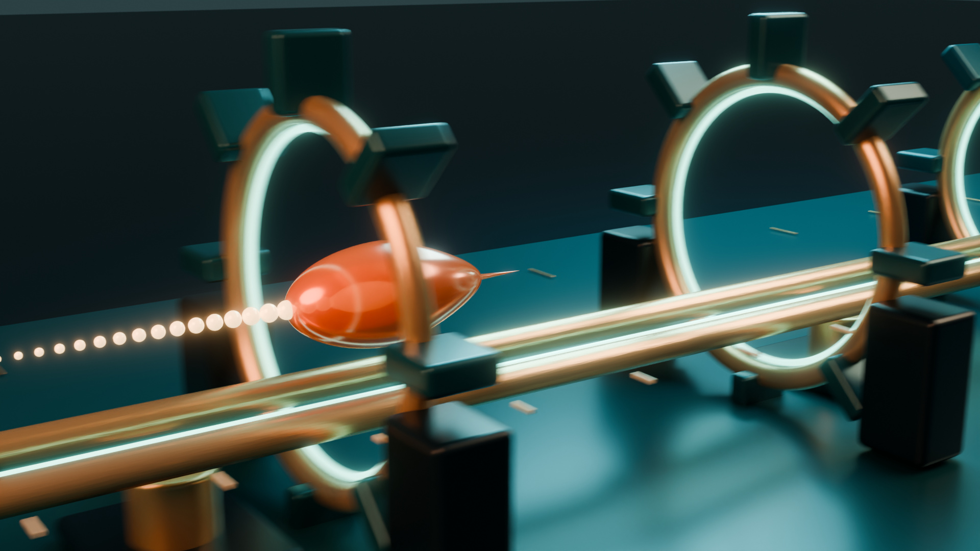 Luminous amber drop accelerating along brass rails